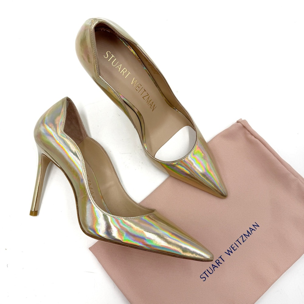 Stuart Weitzman Stuart 100 Scallop Pumps Platino Gold Pointed Toe Heels 7.5